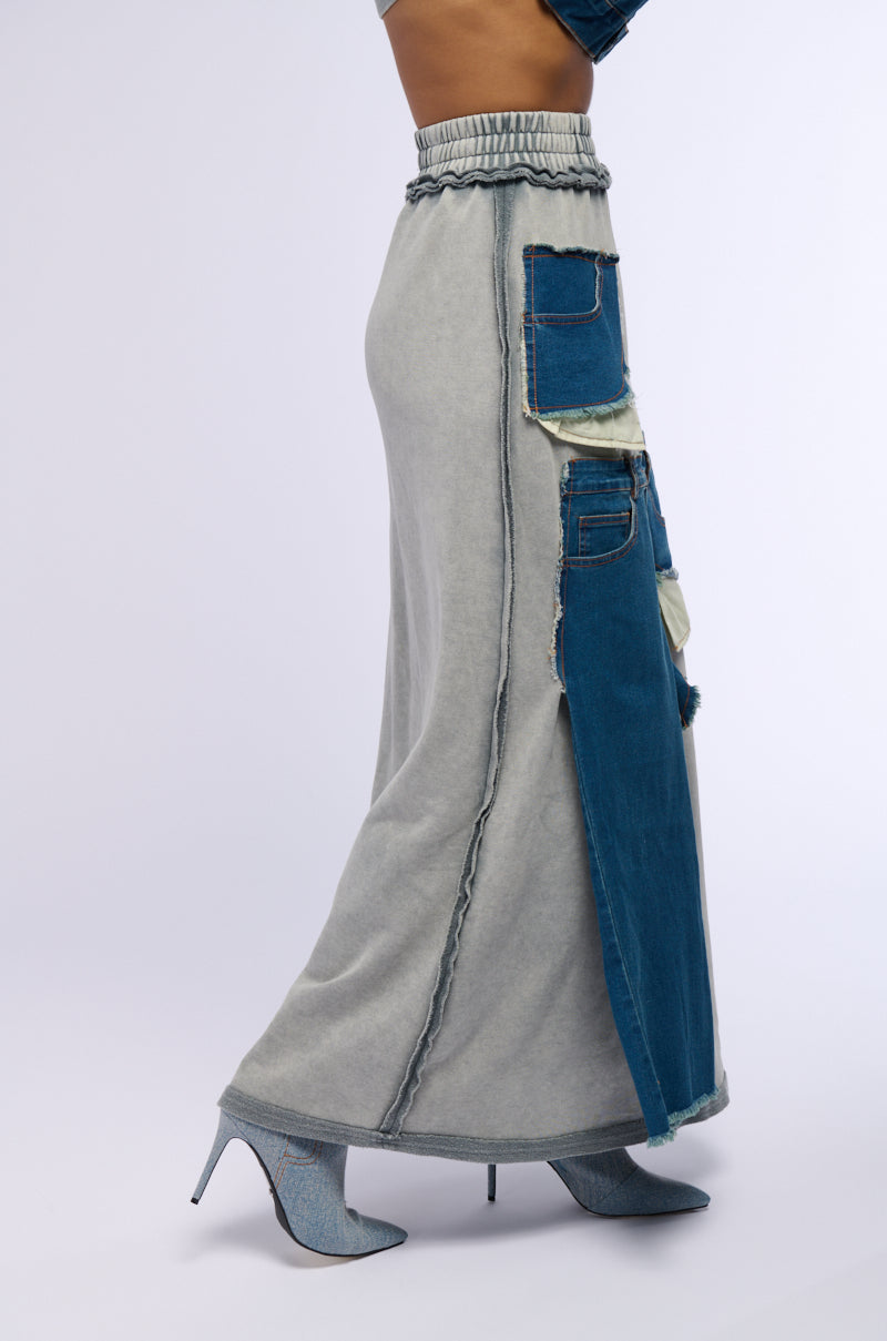 Back View Denim Dreams Zipper Detail Maxi Skirt