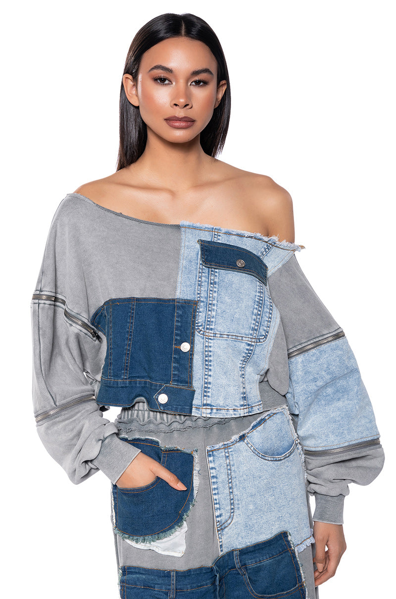 Front View Denim Dreams Zipper Detail Sweatshirt