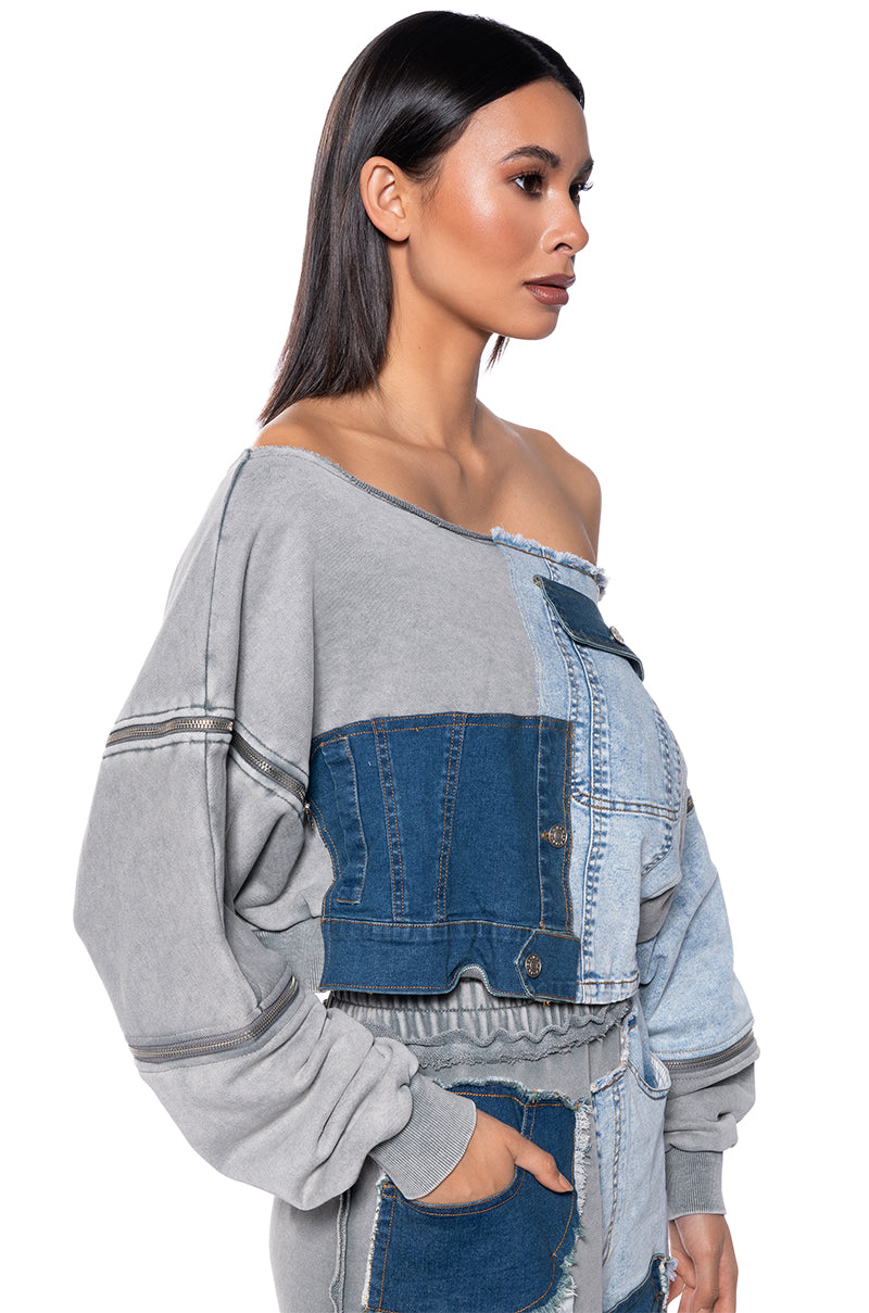 Side View Denim Dreams Zipper Detail Sweatshirt