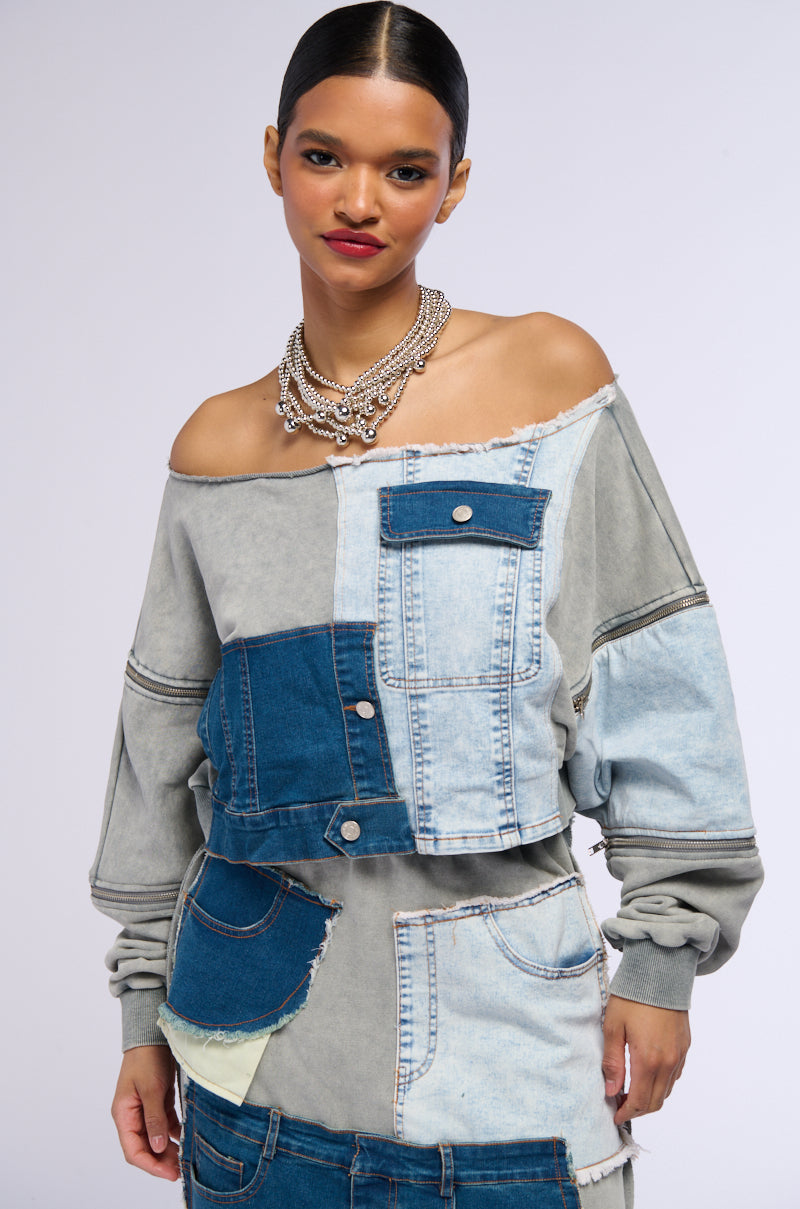 Side View Denim Dreams Zipper Detail Sweatshirt
