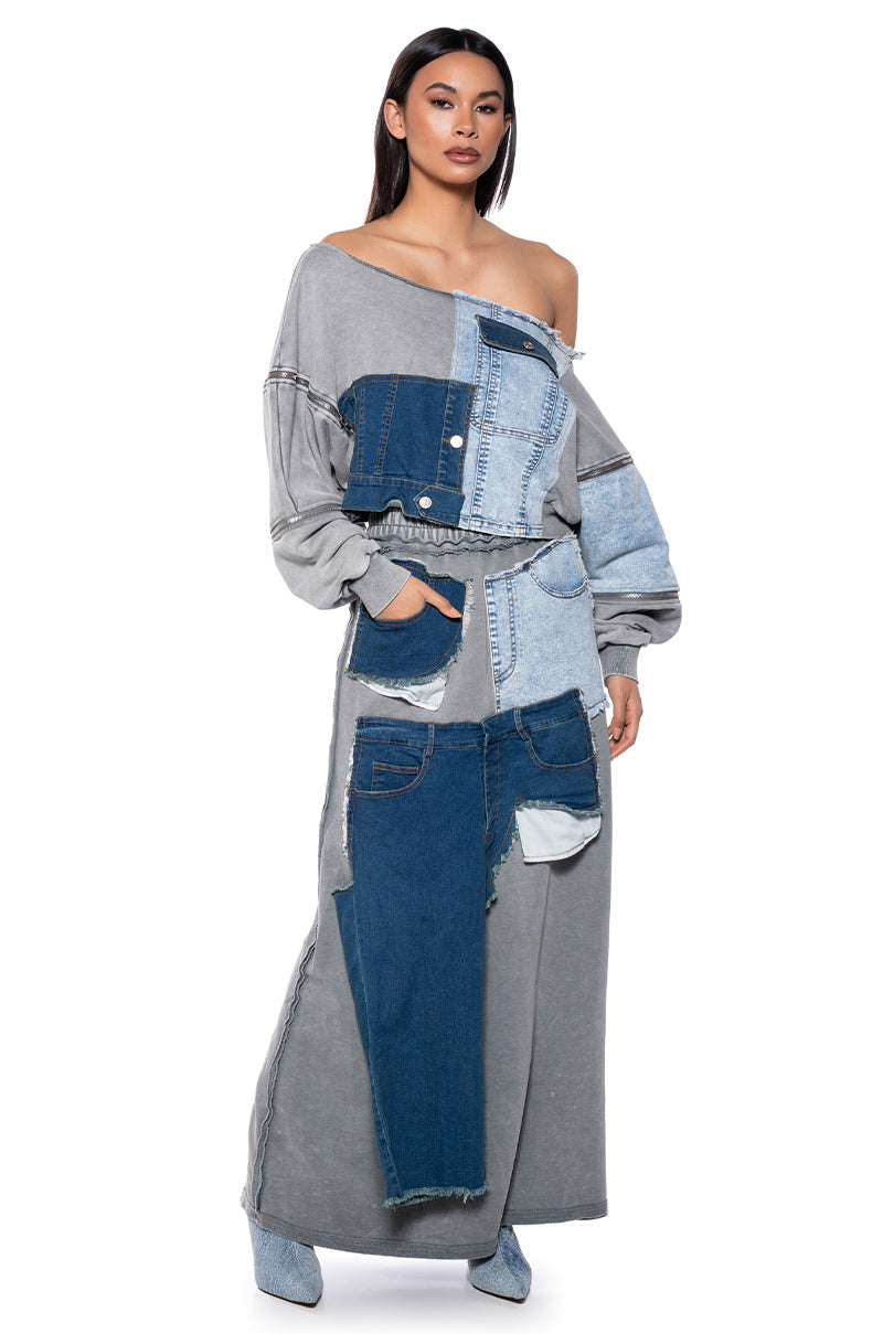 Back View Denim Dreams Zipper Detail Sweatshirt