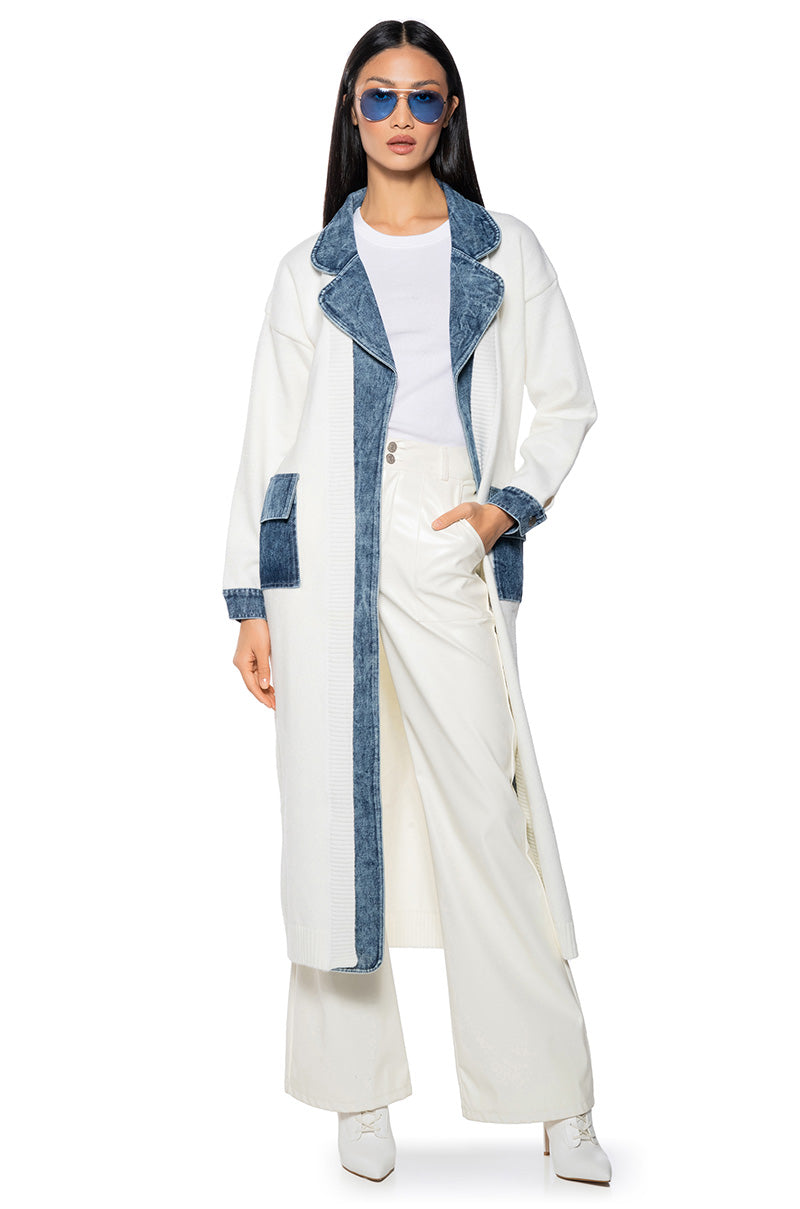 Front View Denim Duty Knit Tie Front Cardigan