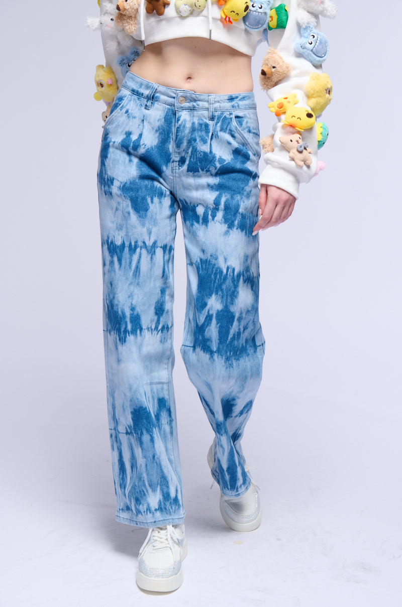 Front View Denim Dye Away Acid Washed Pleated Wide Leg Jean 0