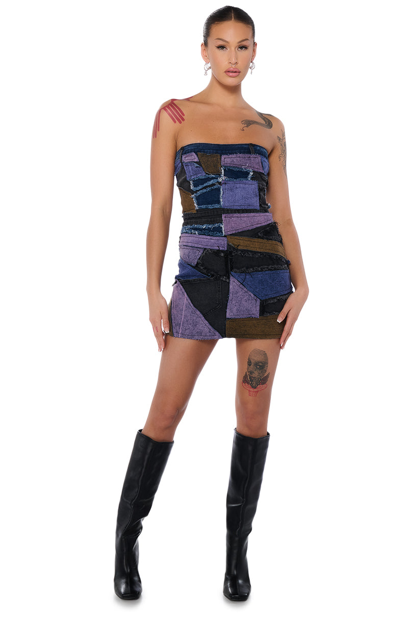 Detail View Denim Patchwork Mini Dress