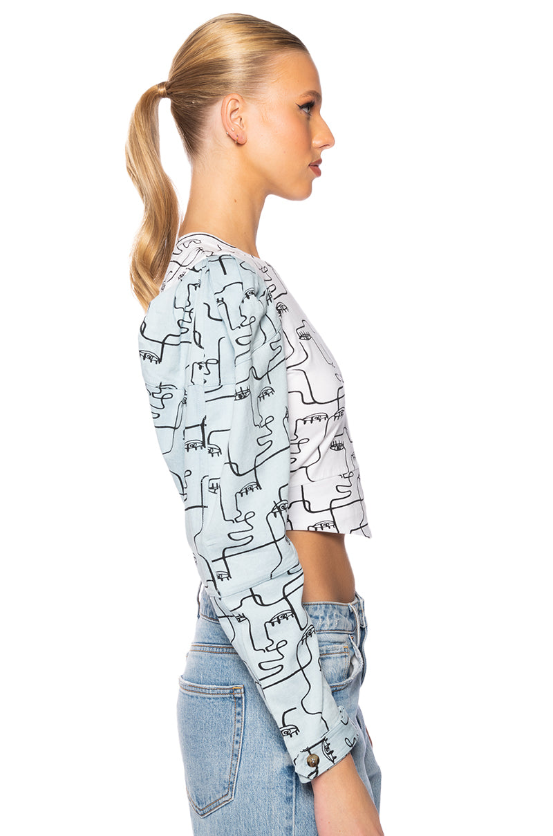 Back View Denim Sleeve Printed Sweatshirt 2
