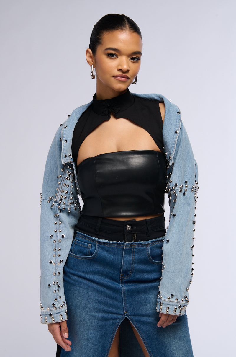 Detail View Denim Stud Bolero Jacket