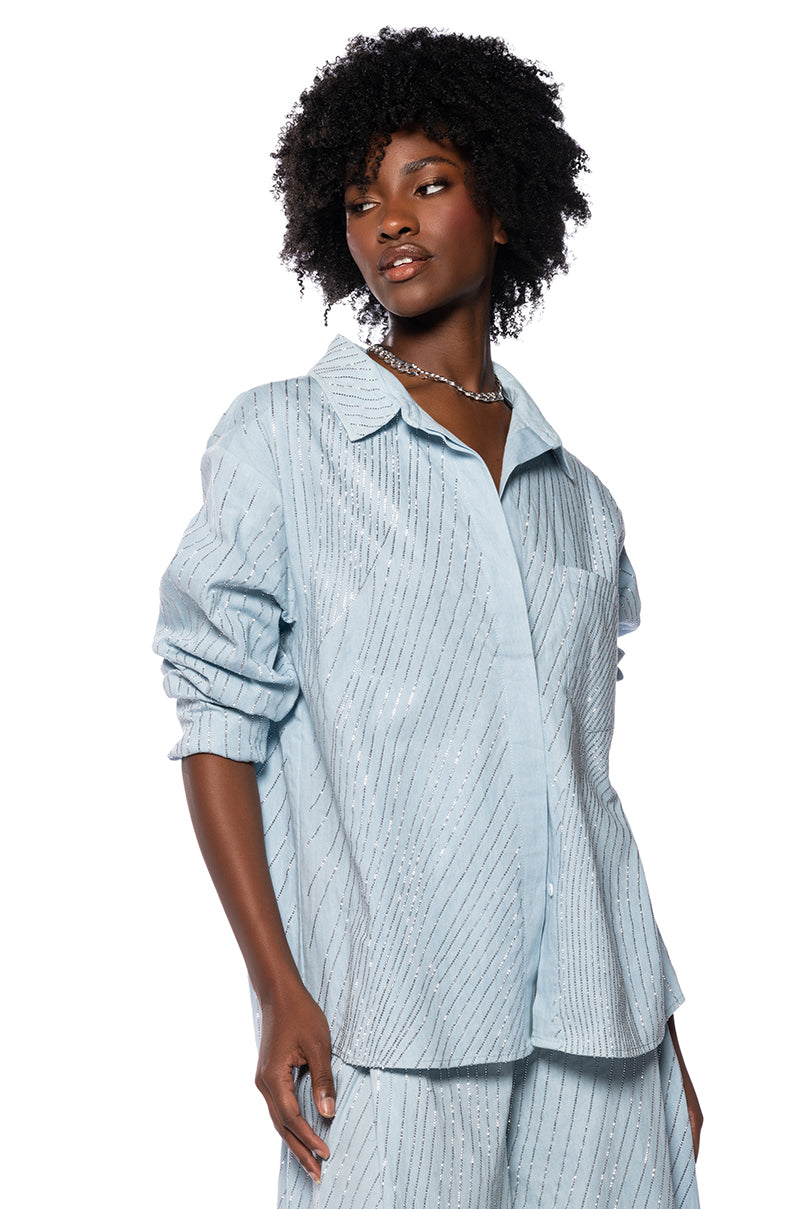 Front View Denimania Rhinestone Button Down