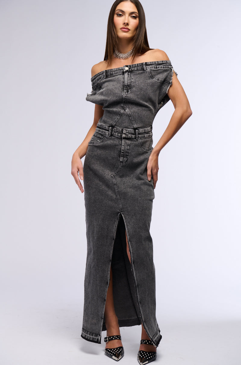 DERRIA OFF THE SHOULDER DENIM MAXI DRESS – AKIRA