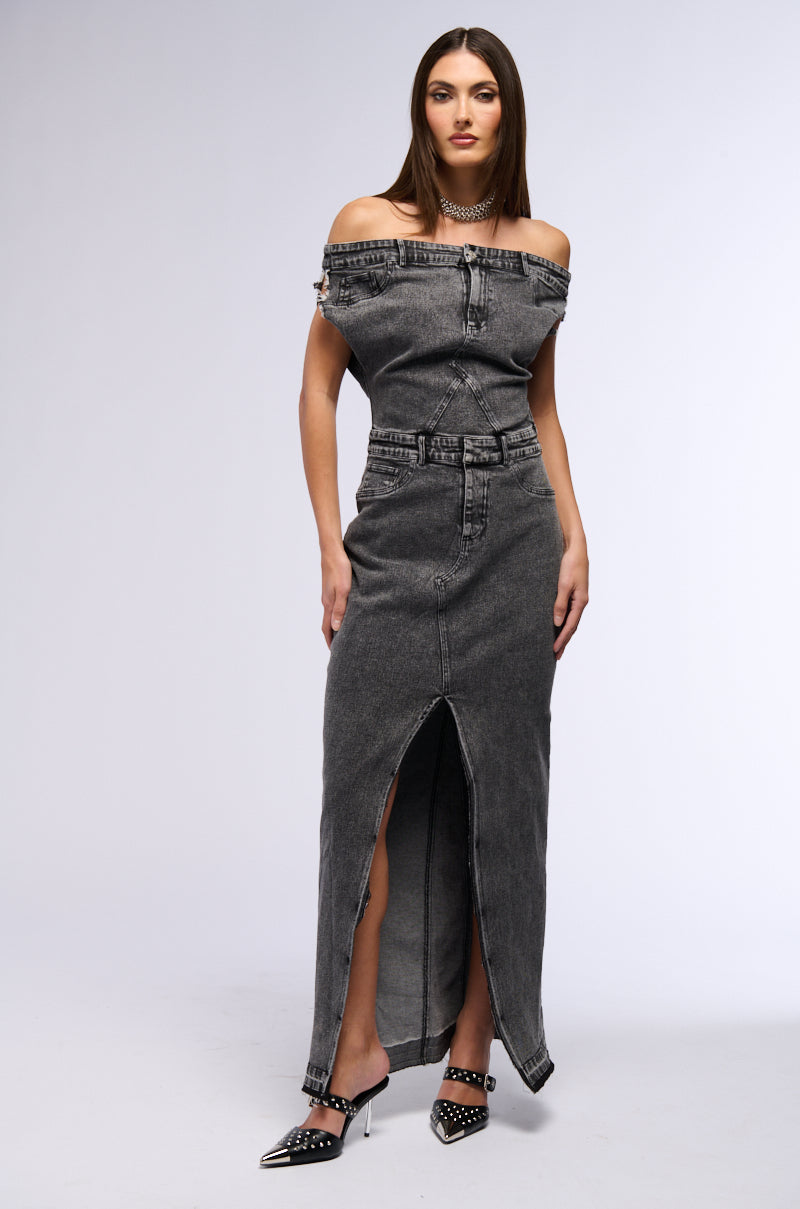 DERRIA OFF THE SHOULDER DENIM MAXI DRESS AKIRA DERRIA OFF THE SHOULDER DENIM MAXI DRESS AKIRA
