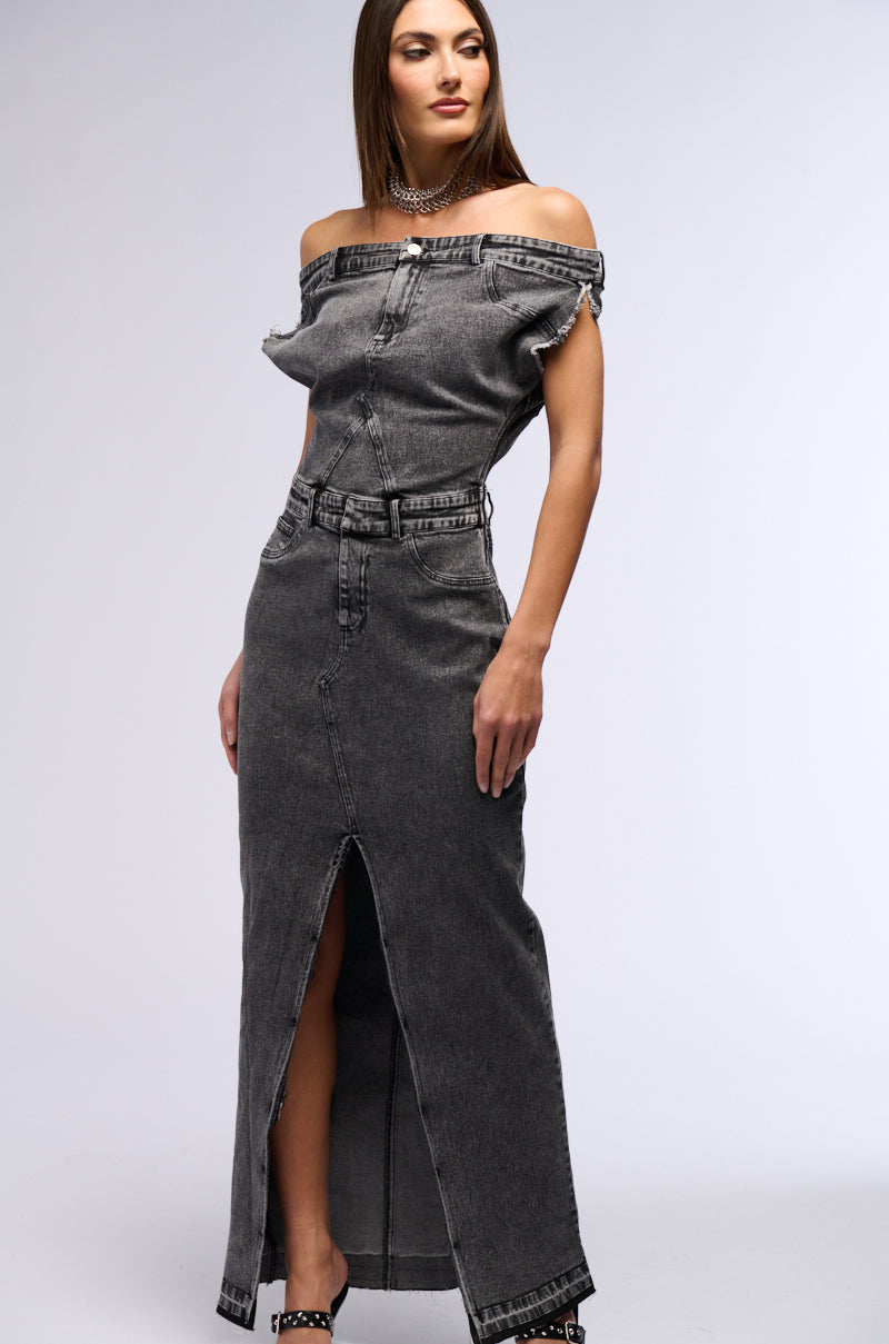 Back View Derria Off The Shoulder Denim Maxi Dress
