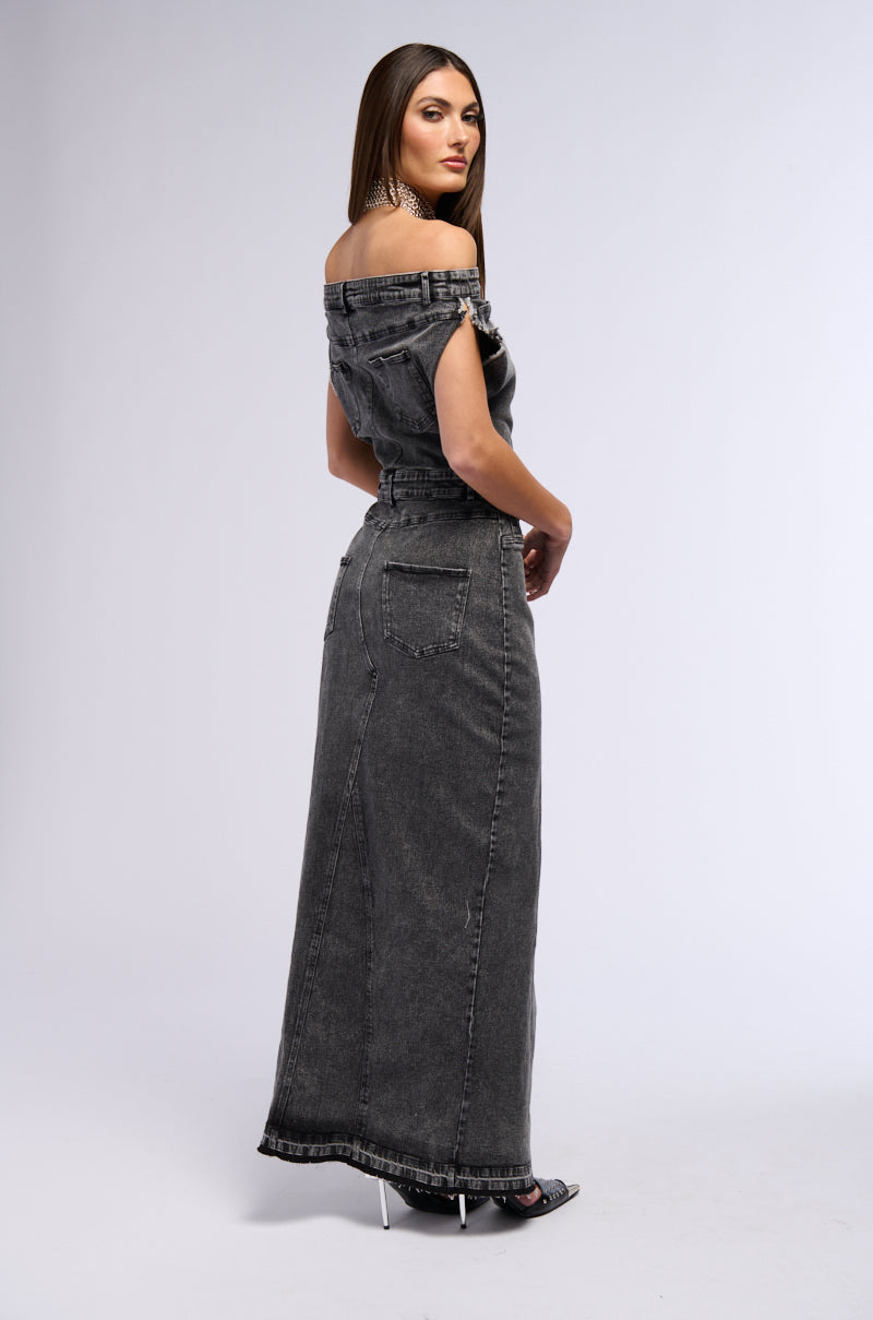 Full View Derria Off The Shoulder Denim Maxi Dress