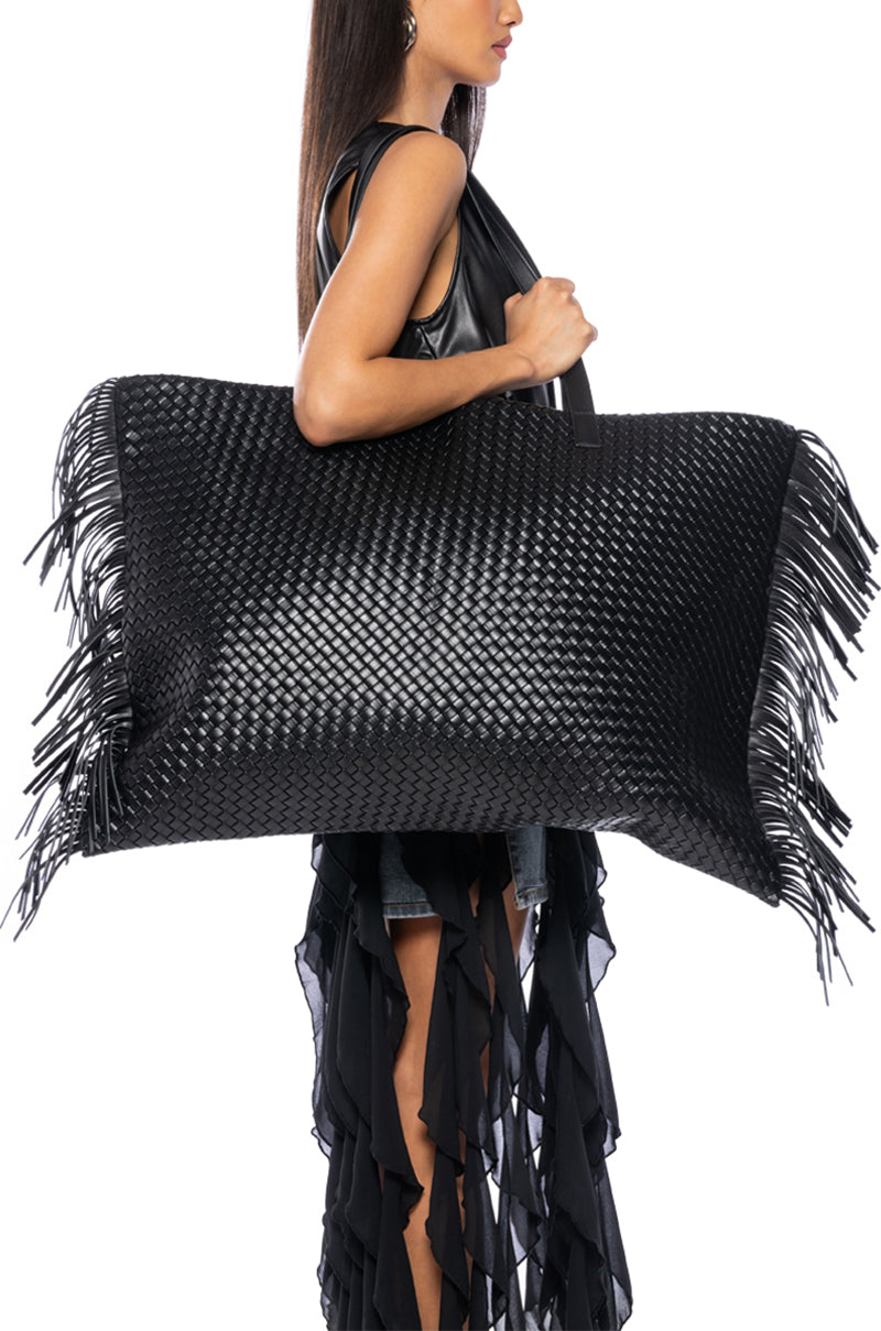 Front View Desperado Oversized Weave Fringe Tote