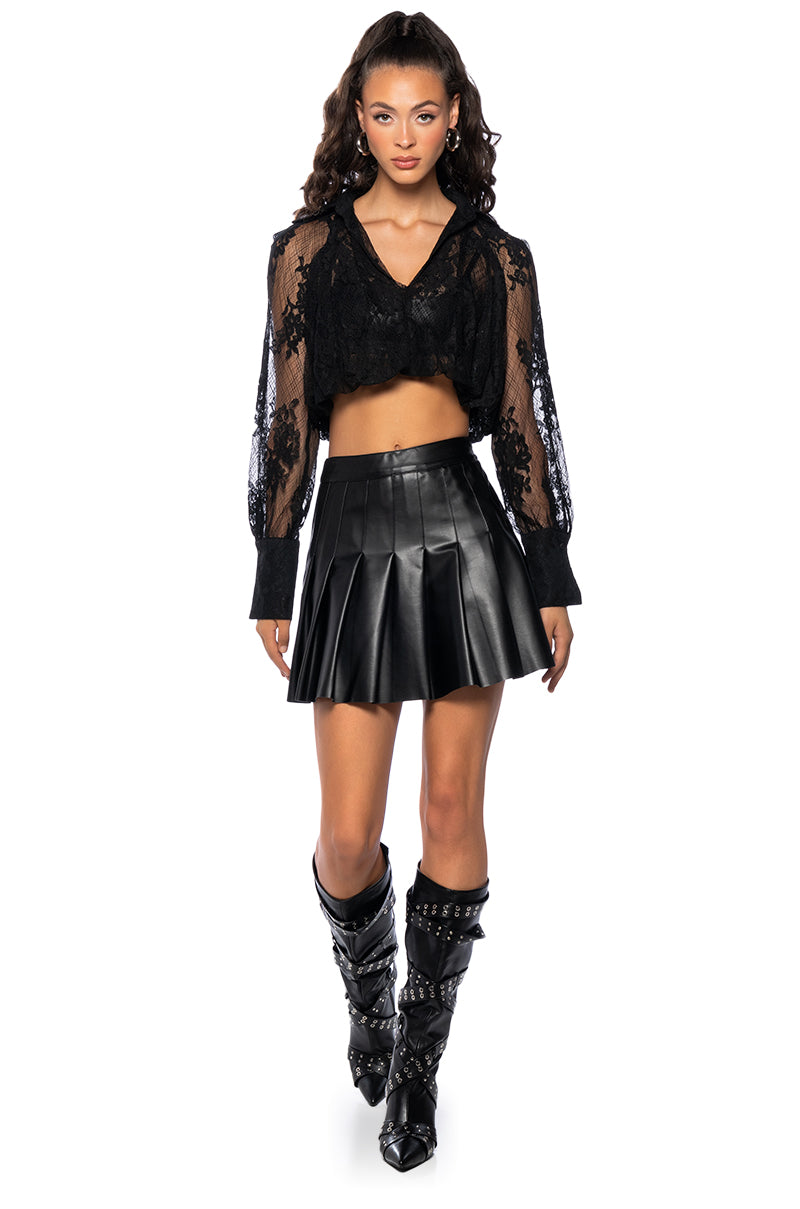 Side View Destined For Greatness Collared Lace Crop Blouse In Black