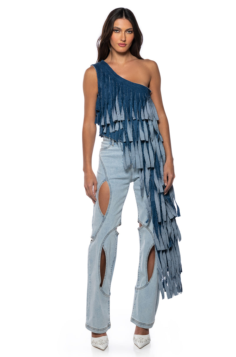 Front View Destiny Distressed Denim Top