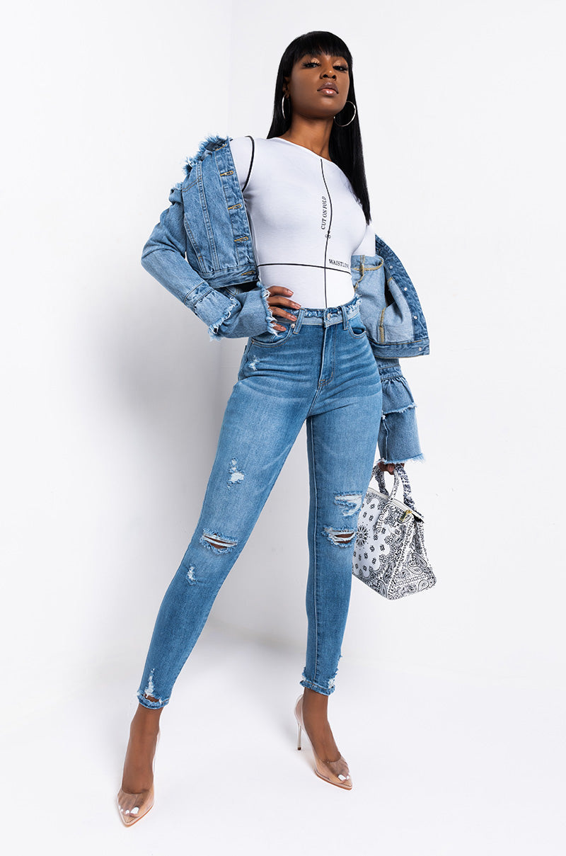 Front View Details Make Perfection High Rise Skinny Jeans in Medium Blue Denim