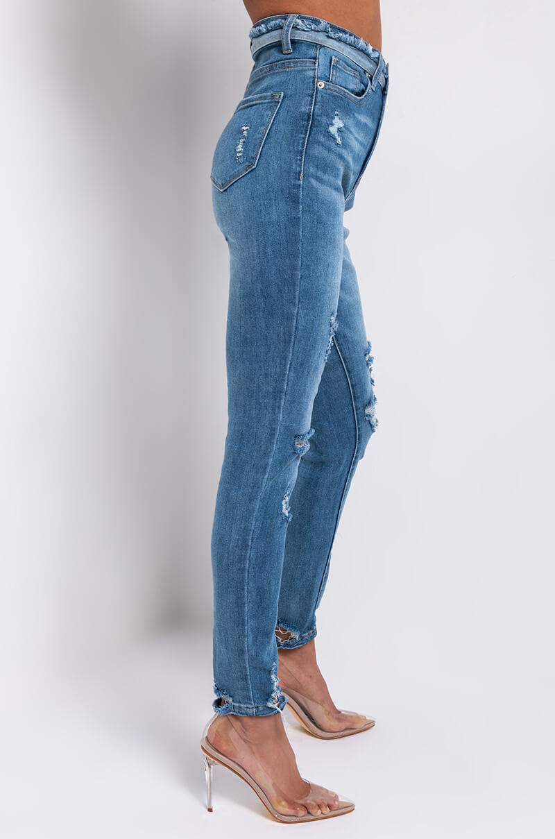 Side View Details Make Perfection High Rise Skinny Jeans in Medium Blue Denim
