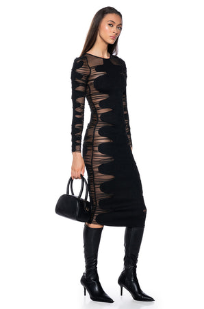 DEVON DENIM AND MESH LONG SLEEVE MIDI DRESS  AKIRA