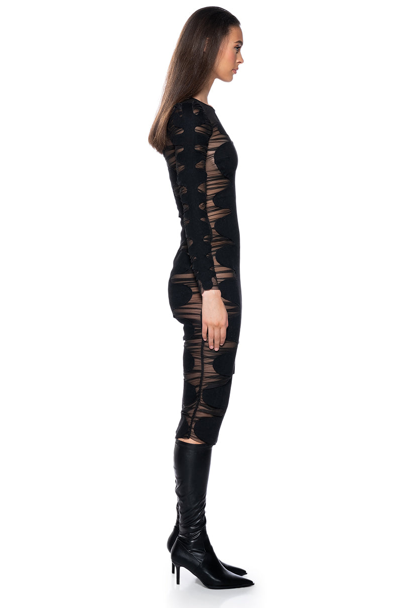 Back View Devon Denim And Mesh Long Sleeve Midi Dress