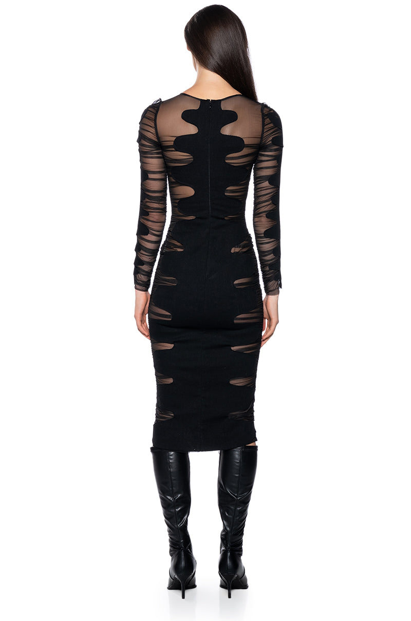 Detail View Devon Denim And Mesh Long Sleeve Midi Dress