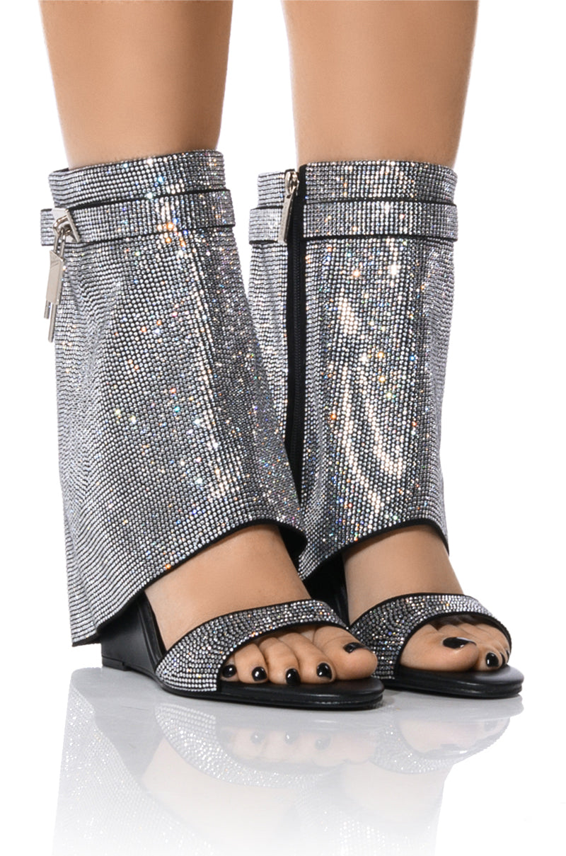 Front View Dewy Embellished Fold Over Wedge Bootie Sandal In Silver
