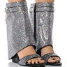 Front View Dewy Embellished Fold Over Wedge Bootie Sandal In Silver