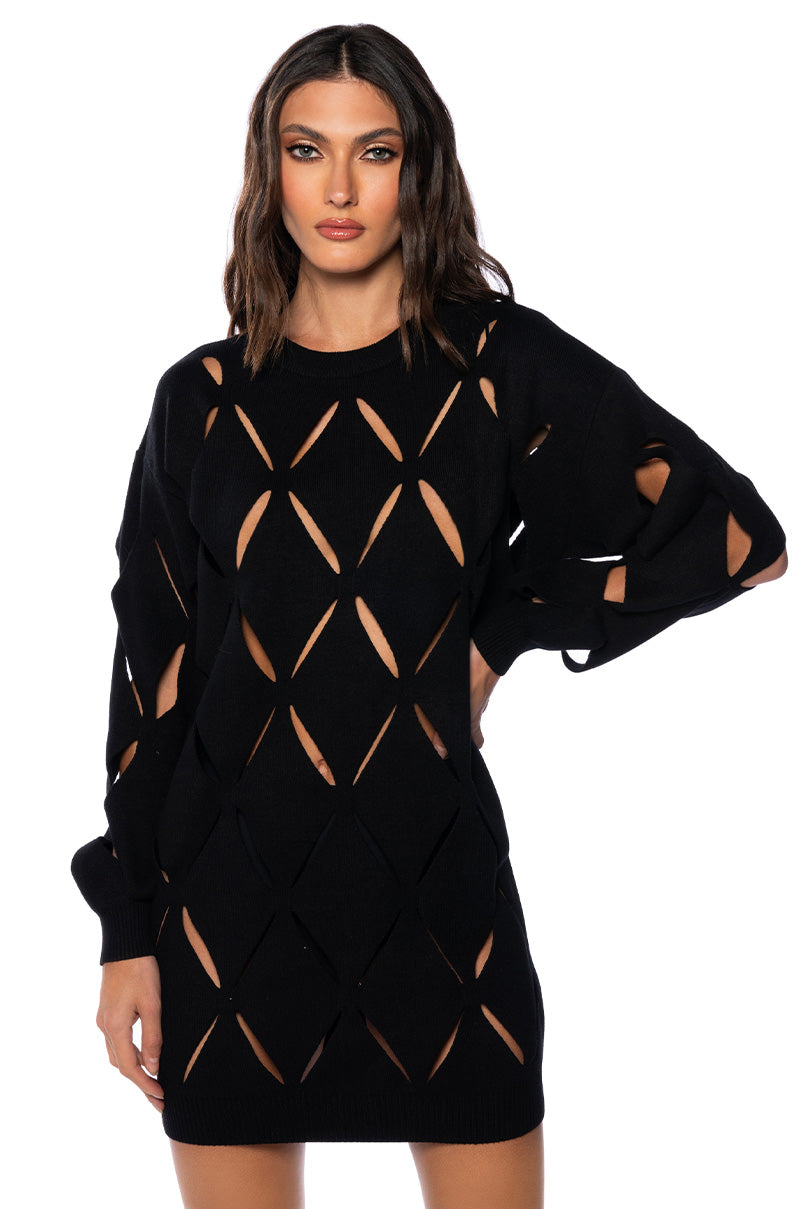 Front View Diamond Cut Oversized Sweater Dress In Black 0