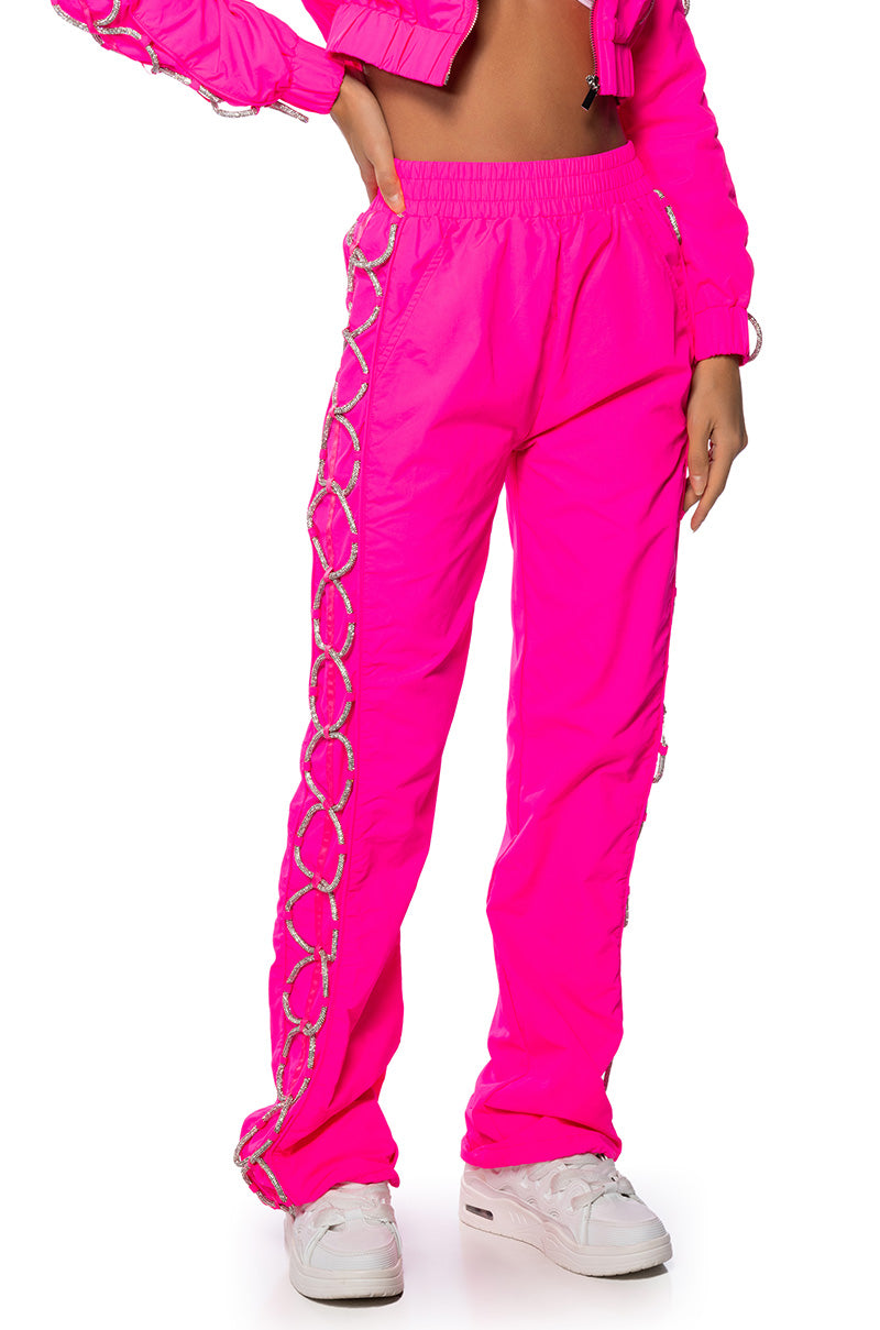 Front View Diamond Lace Up Track Pant In Pink