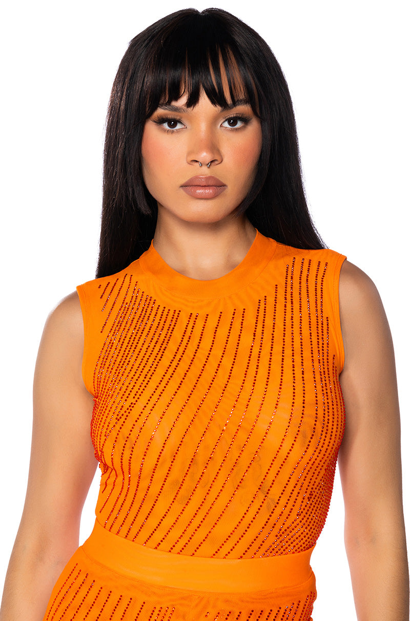Front View Diamond Mesh Biker Shorts In Orange