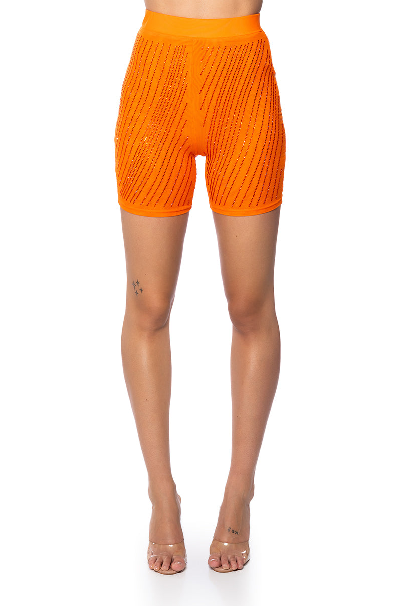 Back View Diamond Mesh Biker Shorts In Orange