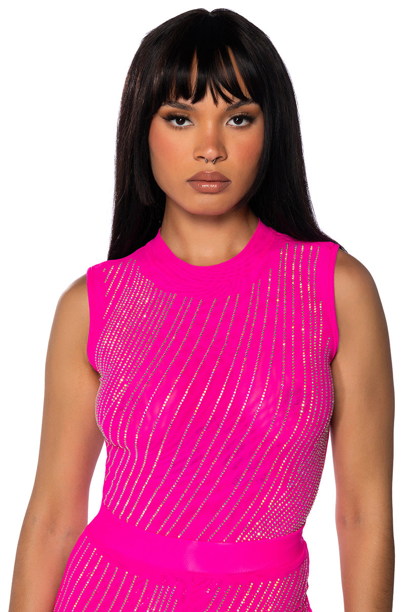 Front View Diamond Mesh Sleeveless Bodysuit In Pink