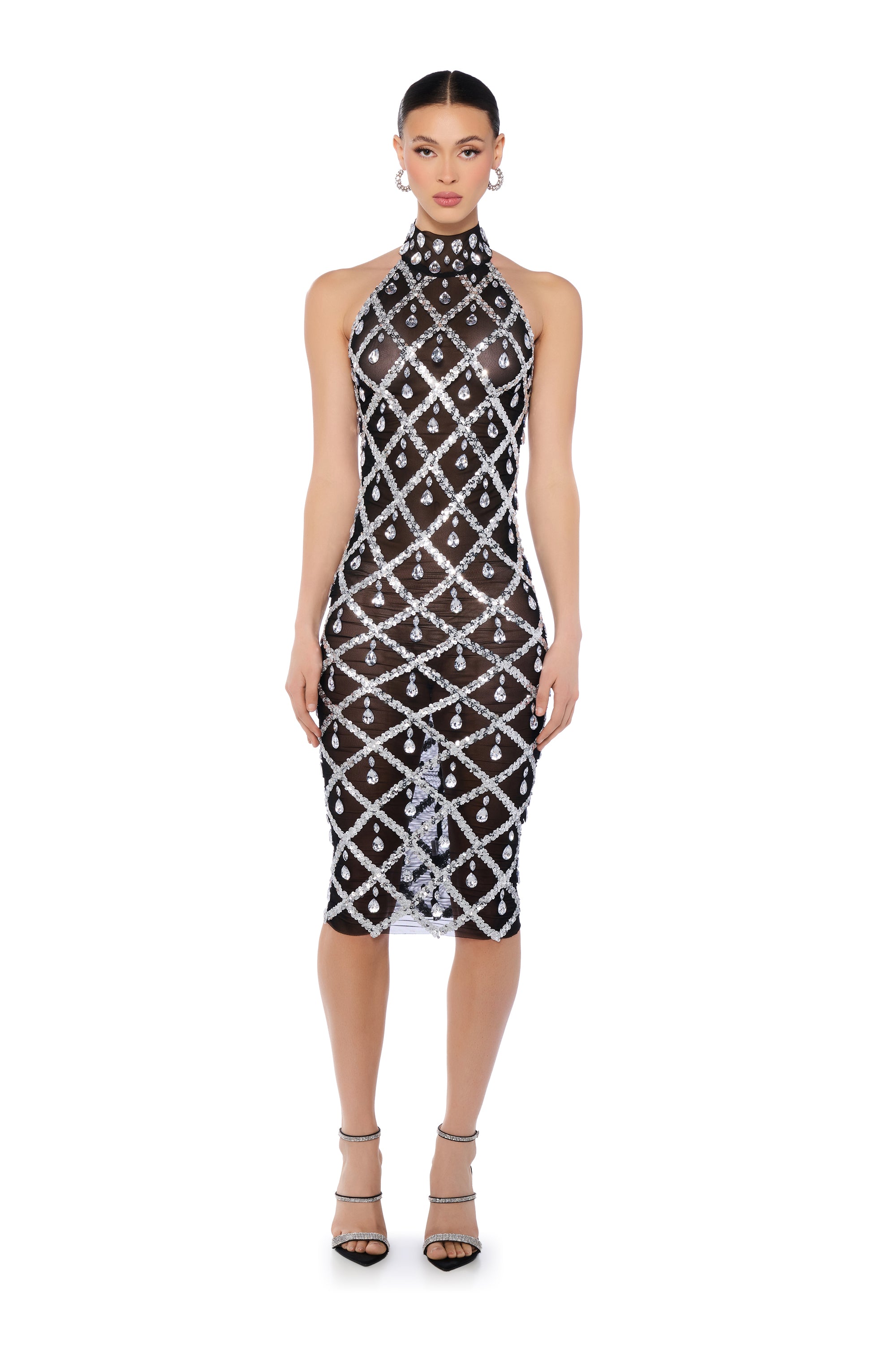 Full View Diamonds Are Forever Mesh Midi Dress In Black