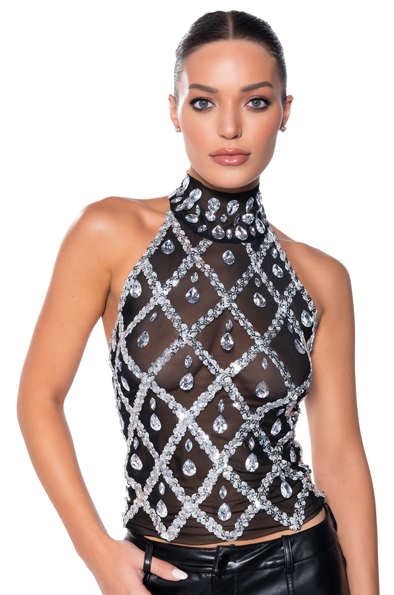 Front View Diamonds Are Forever Mock Neck Sleeveless Mesh Top