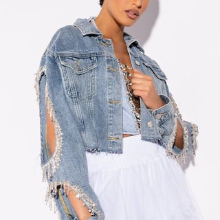 Back View Diamonds Dancing Cut Out Crop Denim Jacket