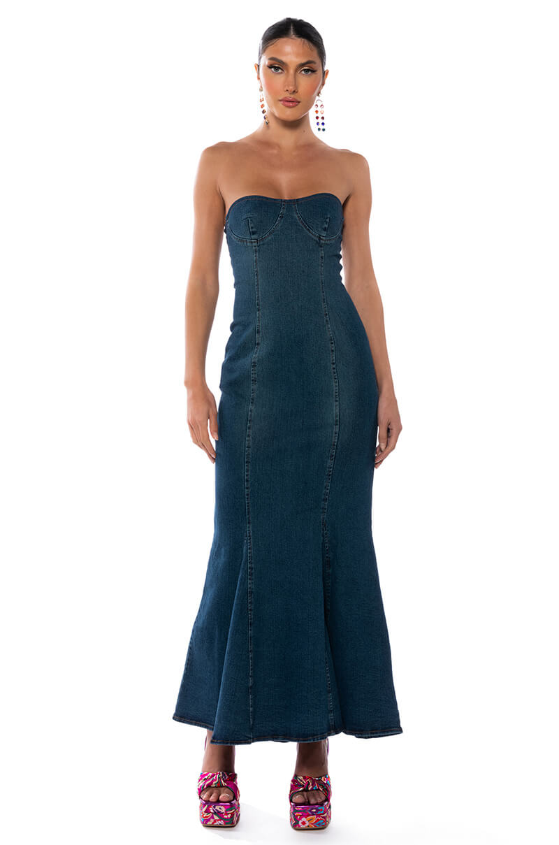 Front View Dinner Date Vibe Flare Denim Maxi Dress