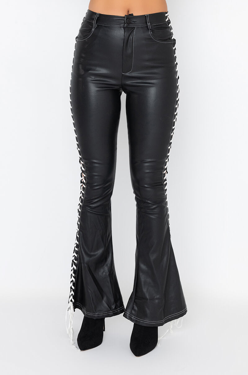 Front View Dirty Lace Up Faux Leather Flare Pant