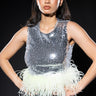 Front View Disco Ball Sleeveless Feather Trim Crop Top