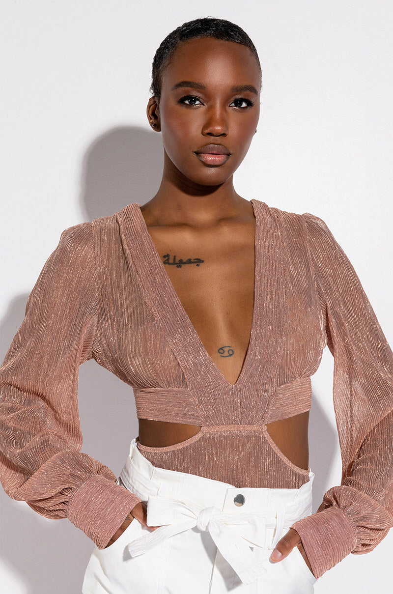Front View Disco Diva Deep V Long Sleeve Bodysuit With Cutouts