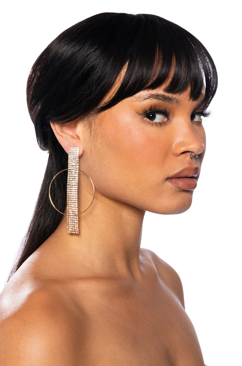 Front View Disco Fever Rhinestone Fringe Hoops In Gold