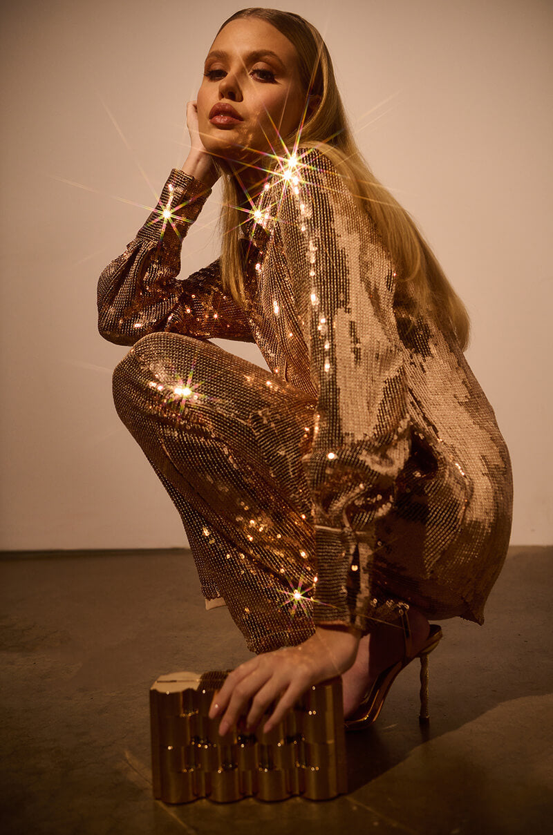 Extra View Disco Fever Sequin Embellished Button Down Top In Gold