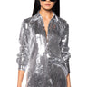 Front View Disco Fever Sequin Embellished Button Down Top In Silver