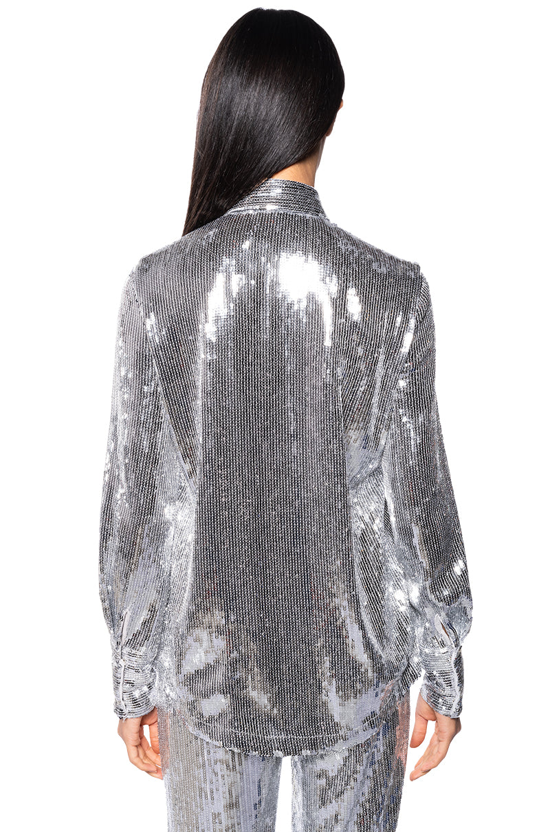Extra View Disco Fever Sequin Embellished Button Down Top In Silver 8