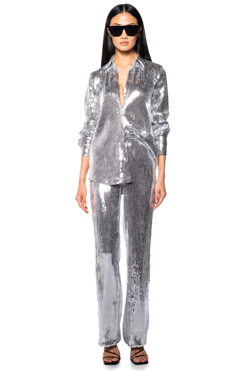 Extra View Disco Fever Sequin Embellished Button Down Top In Silver 11