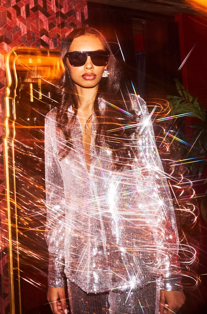 Extra View Disco Fever Sequin Embellished Button Down Top In Silver 7