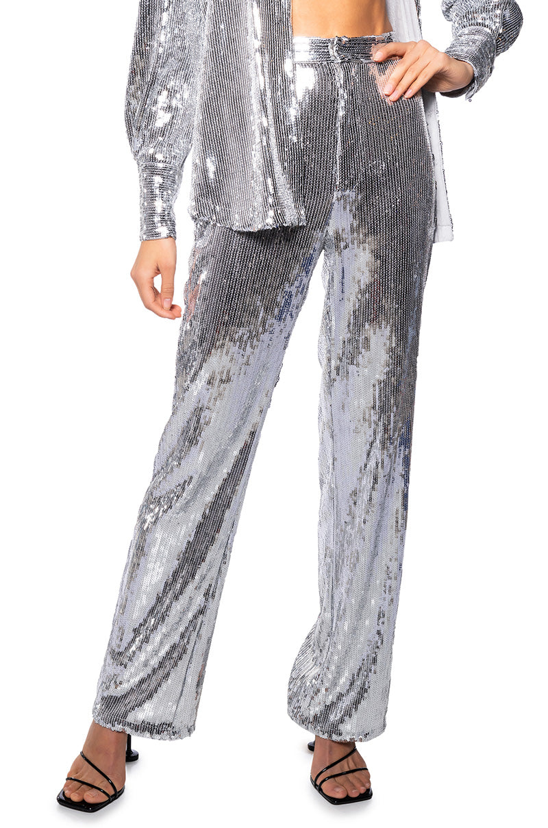 Front View Disco Fever Sequin Embellished High Waist Flare Pant In Silver