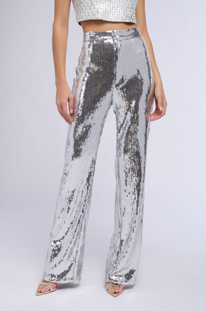 DISCO FEVER SEQUIN EMBELLISHED HIGH WAIST FLARE PANT IN SILVER view 0