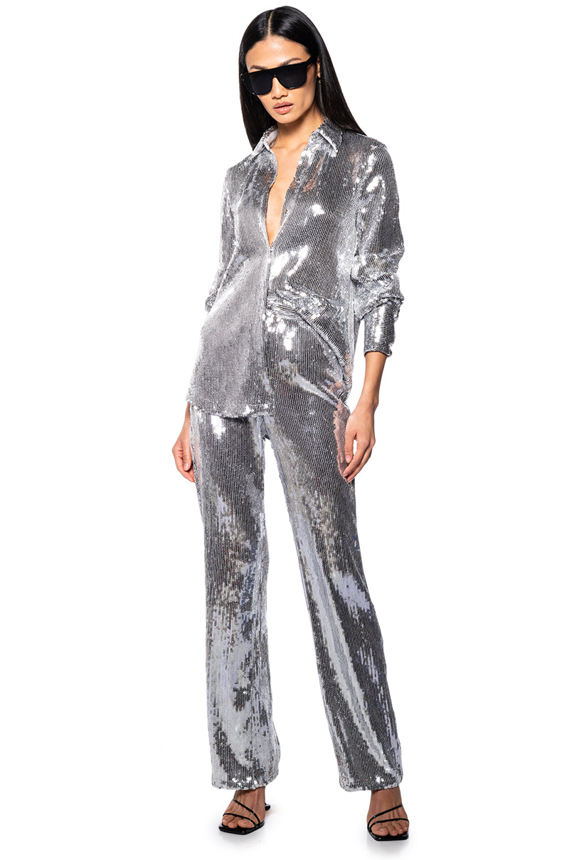 Side View Disco Fever Sequin Embellished High Waist Flare Pant In Silver