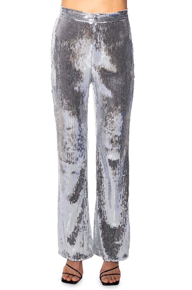 Back View Disco Fever Sequin Embellished High Waist Flare Pant In Silver