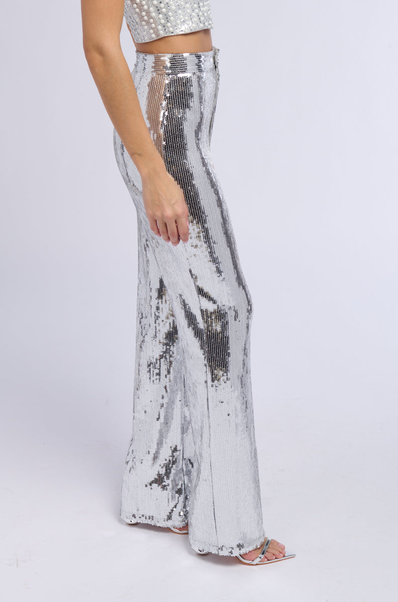Back View Disco Fever Sequin Embellished High Waist Flare Pant In Silver