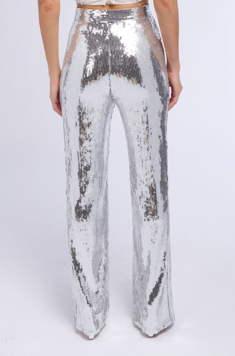 Detail View Disco Fever Sequin Embellished High Waist Flare Pant In Silver