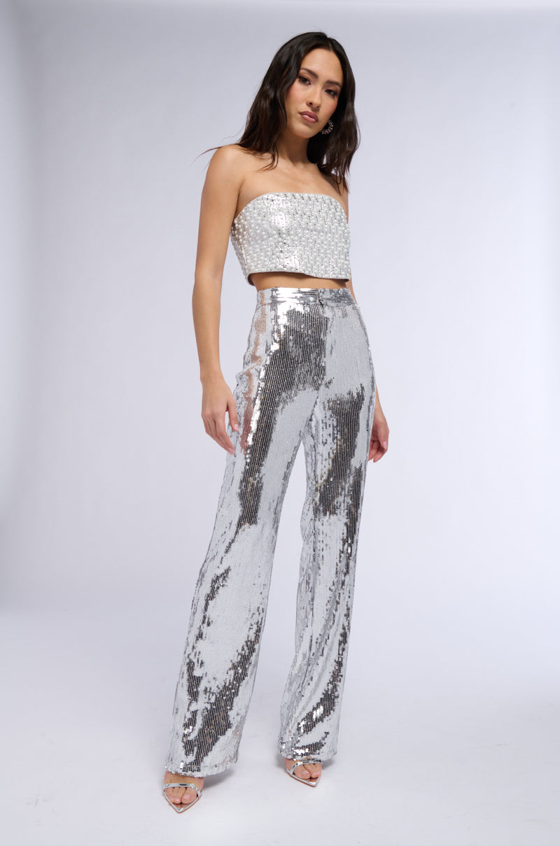 Extra View Disco Fever Sequin Embellished High Waist Flare Pant In Silver
